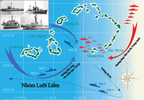 Bản đồ Hải chiến Hoàng Sa 1974. Các chiến hạm VNCH (ảnh nhỏ) - Đồ họa: Hồng Sơn 
