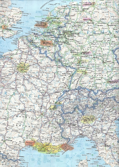 Lộ trình xuyên nước Pháp và Đức bằng đường xe lửa.  Bắt đầu từ thành phố Frankfurt > Amsterdam > Hannover > Paris > Marseille > Montpellier > Nimes > Paris > Munich > Stuttgart > Mannheim > Mainz > và kết thúc ở Frankfurt. (Nguồn: Bản đồ Planning Map of Europe của AAA) 