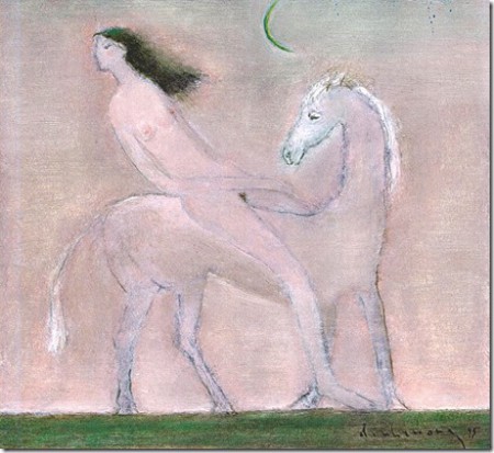 Ngựa và thiếu nữ tinh sương (1995)  sơn sầu trên giấy plast 26 x 16in. Nguồn Da Mầu