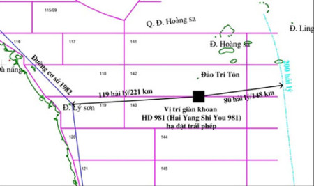 Vị trí giàn khoan (ô vuông đen) mà Trung Quốc đặt trái phép trên vùng biển Việt Nam. Ảnh: PVN