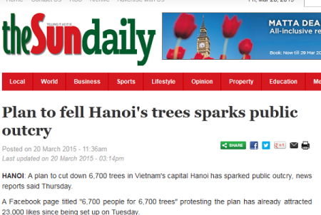   Trang The Sun Daily của Mỹ cũng đăng tin về kế hoạch chặt hạ cây xanh của Hà Nội