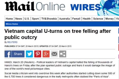 Trang Daily Mail dẫn lại từ trang thông tấn Reuters về kế hoạch đốn hạ 6.700 cây xanh tại Hà Nội