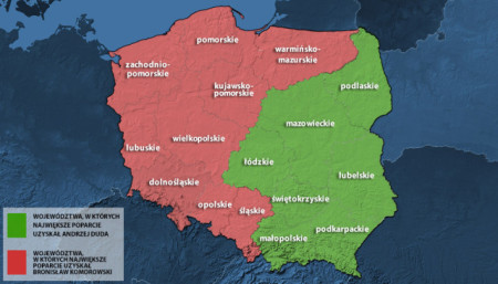 Ba Lan chia đôi: Nửa đỏ ủng hộ Komorowski, nửa xanh ủng hộ Duda.