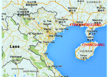 Vị trí của hai nhà máy điện nguyên tử Fangchenggang (Phòng Thành, Quảng Tây) và Chanjiang (Xương Giang, Hải Nam)