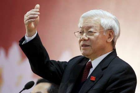 Newly re-elected Vietnam Communist Party Secretary General Nguyen Phu Trong speaks during a press conference after the closing ceremony of the 12th National Congress of Vietnam's Communist Party (VCP), in Hanoi, Vietnam